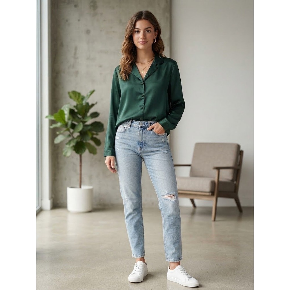 Katelyn Court Pajama Top Womens Medium Green Excellent Satin Button Up Sleepwear
